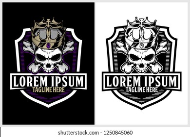 Amazing and badass king skull with crown and shield vector crest logo template