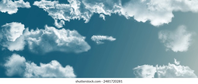 Amazing beautiful white fluffy cloudscape with a bright blue sky and sunlight shining through the clouds vector.