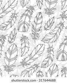 Amazing bird feathers pattern. Vector seamless pattern. Creative bohemia concept for wedding invitations, cards, tickets, branding. Web and mobile interface template. Black and white dark grey