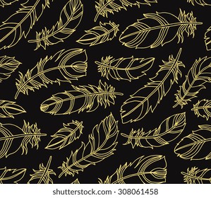 Amazing bird feathers. Vector seamless pattern. Creative bohemia concept for wedding invitations, cards, tickets, congratulations, branding, logo label, emblem. Dark black, golden yellow color