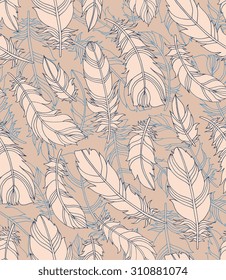 Amazing bird feathers. Vector seamless pattern. Creative bohemia concept for wedding invitations, cards, tickets, congratulations, branding. Web and mobile interface template. Beige, dark blue color