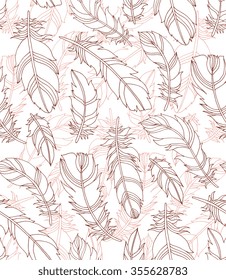 Amazing bird feathers. Vector seamless pattern. Creative bohemia concept for textile design, wedding invitation, card, ticket, branding. Web and mobile interface template. Beige brown, white colors