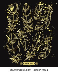 Amazing bird feathers. Vector. Set collection. Creative bohemia concept for wedding invitations, cards, tickets, congratulations, branding, logo label, emblem. Dark black, golden yellow color