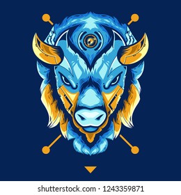 Amazing Bison Head Vector Illustration in Blue Background