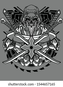 amazing black white future skull ninja cross katana with sacred geometry