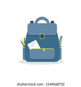 An amazing blue backpack with a ruler, the pencils and a piece of paper in the box 'I want to school` on the white background. Vector illustration