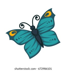 Amazing blue butterfly with yellow pattern and curled antennae