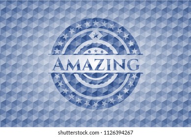 Amazing blue emblem or badge with abstract geometric pattern background.