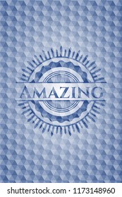 Amazing blue emblem or badge with abstract geometric pattern background.