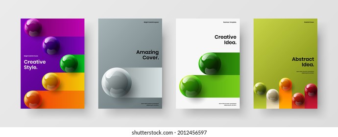 Amazing book cover vector design layout set. Unique 3D balls annual report illustration composition.