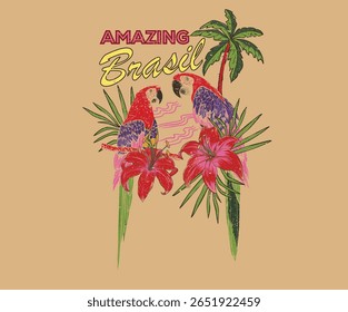 Amazing brasil. Copacabana beach art. Tropical paradise. Macaw paradise artwork. Tropical vibes t shirt artwork. Rio de janeiro. Summer vibes artwork.