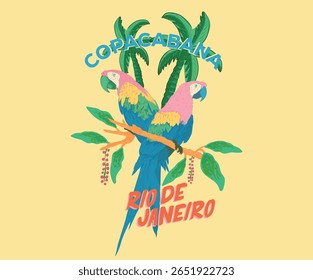 Amazing brasil. Copacabana beach art. Rio de janeiro. Summer vibes artwork. Tropical paradise. Macaw paradise artwork. Tropical vibes t shirt artwork.