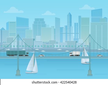 Amazing bridge with trucks and cars on the modern city background. Cityshape skyscrapers silhouette