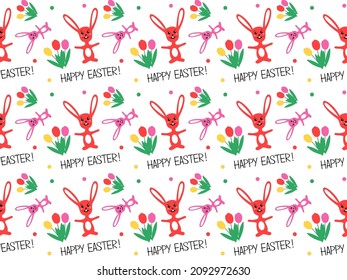 Amazing bright seamless pattern Happy Easter with pink bunny and tulips