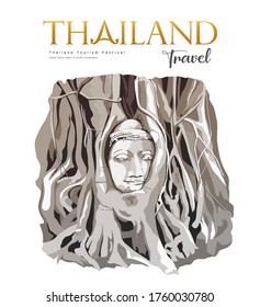 Amazing, Buddha Head in Tree Roots Wat Mahathat, Ayutthaya Thailand. background, vector illustration