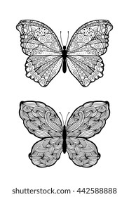 Amazing butterflies with dots, spirals, triangles. Set collection. Wild insects isolated. Vector. Creative bohemia concept for invitation, card, ticket, branding. Black and white line butterfly