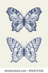 Amazing butterflies with dots, spirals, triangles. Set collection. Wild insects isolated. Vector artwork. Creative bohemia concept for invitation card, ticket. Monochrome dark grey blue, beige color