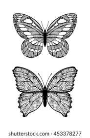 Amazing butterflies with lines, floral pattern. Wild insects isolated. Vector. Coloring book page for adult. Creative bohemia concept for invitation card, ticket. Black and white artwork.