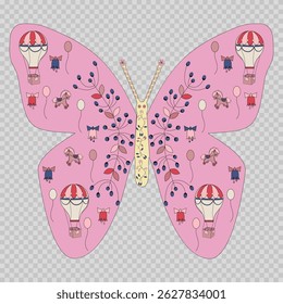 Amazing butterfly with children's toys and plant ornaments on its wings.