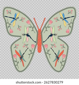 Incrível borboleta com libélulas e plantas ornamentais em suas asas.
