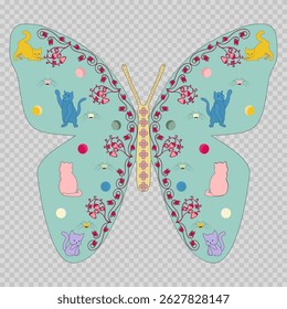 Amazing butterfly featuring playing kitties, spiders and plant ornaments on its wings.
