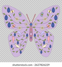 Amazing butterfly with images of birds, bees, flowers and fruit on the wings. 