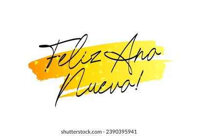 Amazing calligraphy - Feliz Ano Nuevo! Lettering - Happy New Year in Spanish. Drawn with a brush by hand. A smear of gold paint and confetti. Vector illustration on a white background.