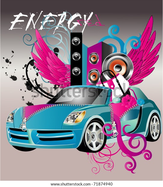 amazing car with\
wings and girls\
accessories