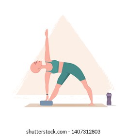 Amazing cartoon bold girl in yoga triangle pose . Practicing yoga. Vector illustration. Young and happy woman meditates.