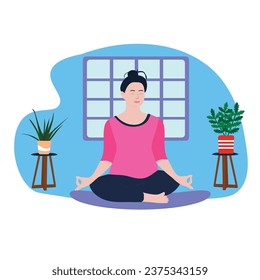 Amazing cartoon girl doing yoga in front of the plants in front of the window in a cozy home. Vector illustration. Young and happy woman meditates.