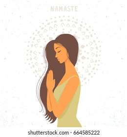 Amazing cartoon girl in greeting pose namaste. Practicing yoga. Vector illustration. Young and happy woman meditates