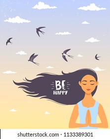 Amazing cartoon girl with long hair. Young and happy woman meditates. Vector illustration