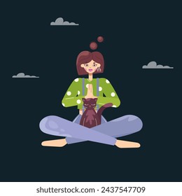 An amazing cartoon girl in a lotus yoga pose with a cute cat. Yoga practice and the concept of self-care at home, Vector illustration on black. A young and happy woman meditates.