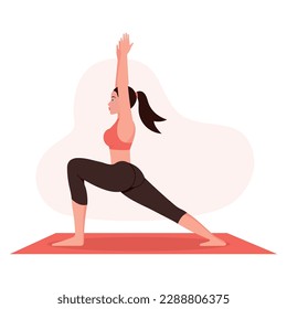 Amazing cartoon girl practicing yoga in yoga warrior pose. Young and happy woman meditates. Healthy lifestyle. flat vector illustration isolated on white background