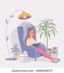 Amazing cartoon girl sitting in a chair and reading a book, drinking tea with cute cat at home. Vector illustration. Young and happy woman.