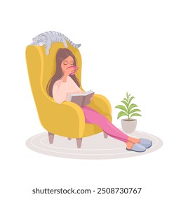 Amazing cartoon girl sitting in a chair and reading a book, drinking tea with cute cat at home. Vector illustration. Young and happy woman.