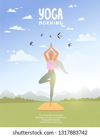 Amazing cartoon girl in yoga asana tree practices meditation on nature. Practice of yoga. Vector illustration. Young and happy woman