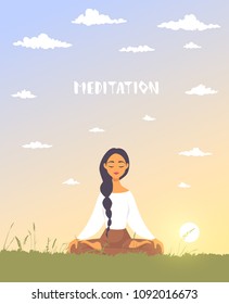 Amazing cartoon girl in yoga lotus practices meditation on nature. Practice of yoga. Vector illustration. Young and happy woman meditating
