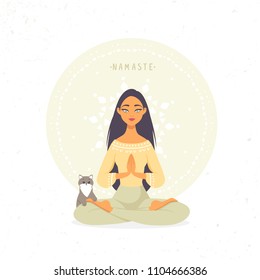 Amazing cartoon girl in yoga lotus pose with cute cat. Practicing yoga. Vector illustration. Young and happy woman meditates.