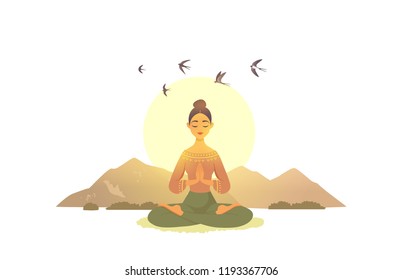 Amazing cartoon girl in yoga lotus practices meditation on nature. Practice of yoga. Vector illustration. Young and happy woman meditating