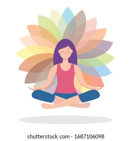 Amazing cartoon girl in yoga lotus pose. Practicing yoga. Vector illustration. Young and happy woman meditates.