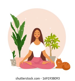 Amazing cartoon girl in yoga lotus pose with cute cat at home. Practicing yoga. Vector illustration. Young and happy woman meditates.