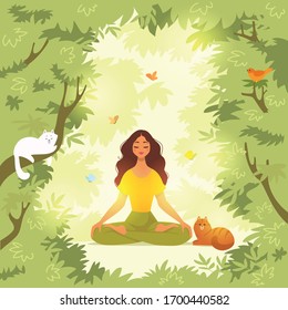 Amazing cartoon girl in yoga lotus pose with cute cats on nature. Practicing yoga. Vector illustration. Young and happy woman meditates