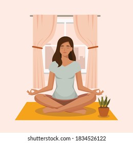 Amazing cartoon girl in yoga lotus practices meditation. Practice of yoga. Vector illustration. Young and happy woman meditating