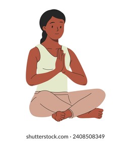 Amazing cartoon girl in yoga lotus pose. Practicing yoga. Vector illustration. Young and happy woman meditates.