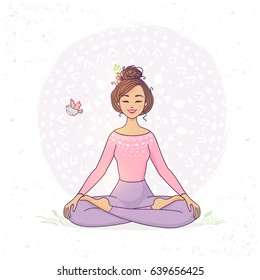 Amazing cartoon girl in yoga lotus pose. Practicing yoga. Vector illustration. Young and happy woman meditates.