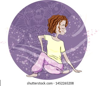 amazing cartoon girl in yoga pose. Practicing youga. Young and happy woman meditates and rest.