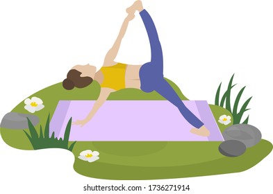 Amazing cartoon girl in yoga practices on nature. Practice of yoga. Vector illustration. Young and happy woman meditating.