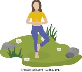 Amazing cartoon girl in yoga practices on nature. Practice of yoga. Vector illustration. Young and happy woman meditating.