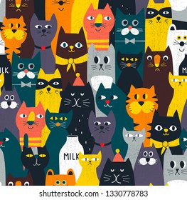 Amazing cats seamless pattern. Endless colorful background with crowd of domestic and wild animals. Vector illustration best for fabric, wrapping paper and artistic cover.